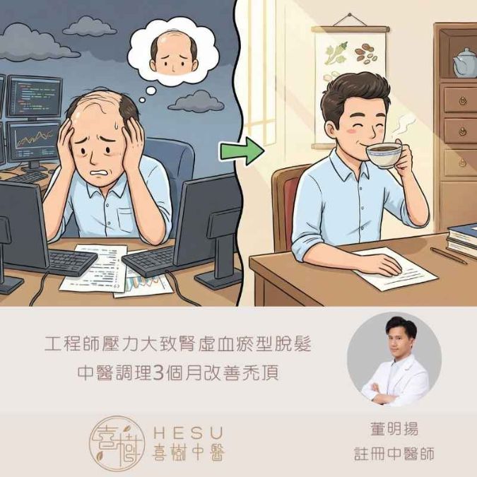 【工程師壓力大致腎虛血瘀型脫髮   中醫調理3個月改善禿頂】