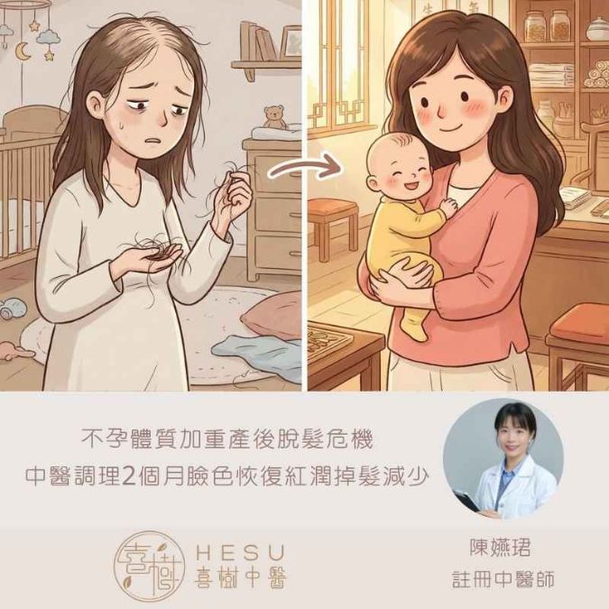【不孕體質加重產後脫髮危機，中醫調理2個月臉色恢復紅潤，掉髮減少】